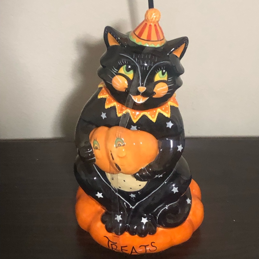 Blue Sky 12 in Ceramic Halloween Black Cat Cookie Jar with Lid Orange/White